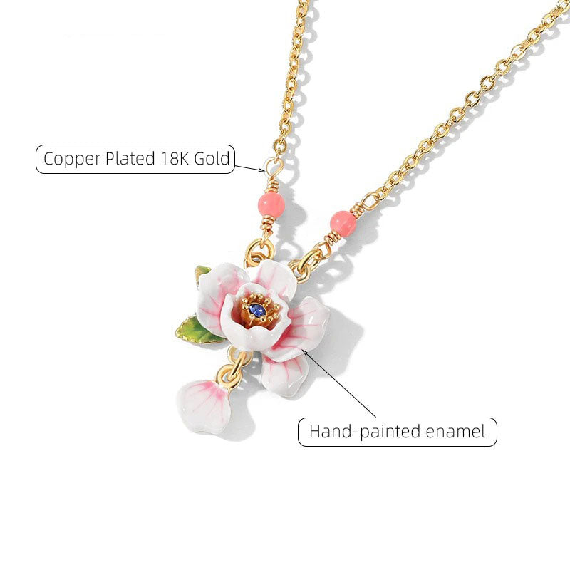 18K Gold Plated Enamel Pink Rose Necklace