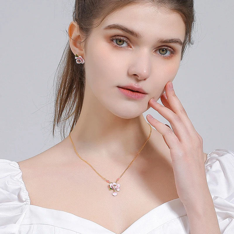 18K Gold Plated Enamel Pink Rose Necklace