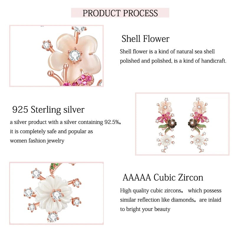 Black Pink Shell Flower White Zircon 925 Sterling Silver Earring