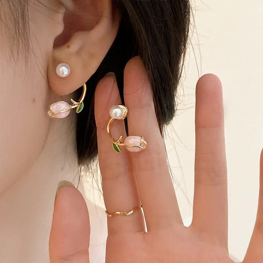 Pink Tulip Pearl Earrings - ÉclatMystique