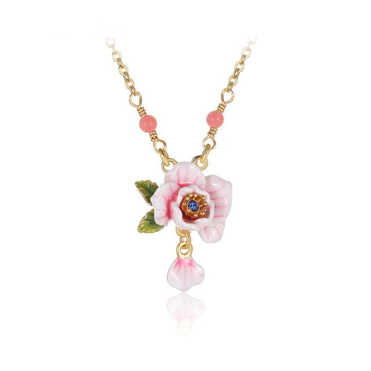 18K Gold Plated Enamel Pink Rose Necklace