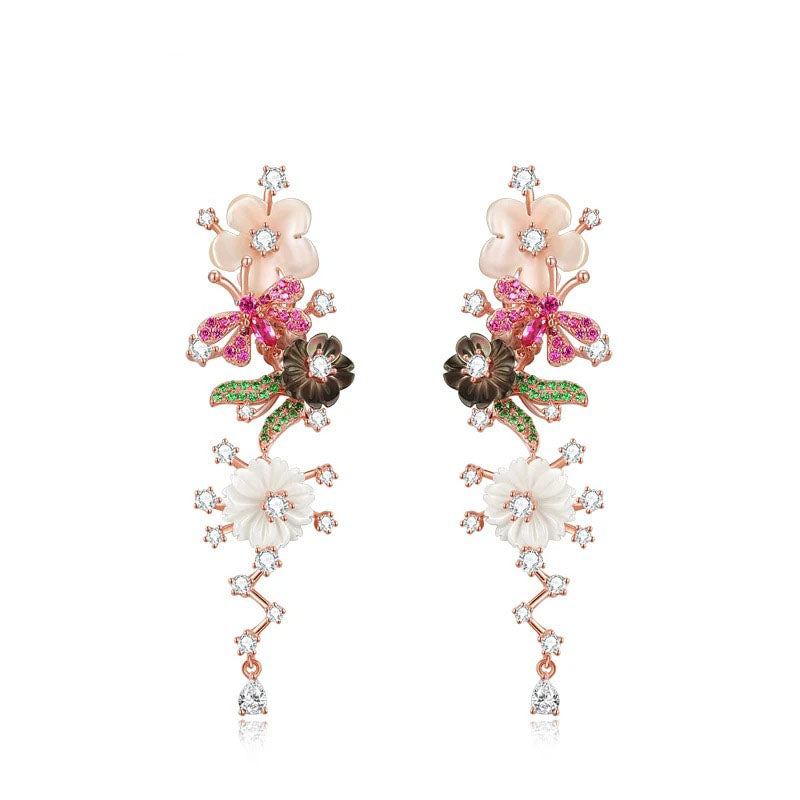 Black Pink Shell Flower White Zircon 925 Sterling Silver Earring