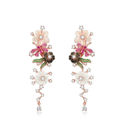 Black Pink Shell Flower White Zircon 925 Sterling Silver Earring