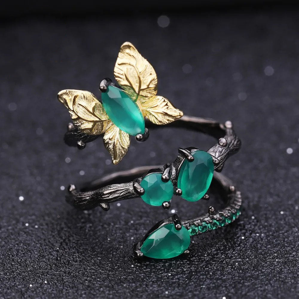 Green Agate Butterfly Ring