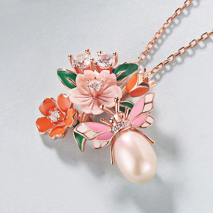 Natural Pearl Shell Flower Leaf Enamel Necklace