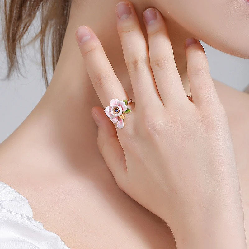 Rose Flower Enamel Ring 18K Gold Plated