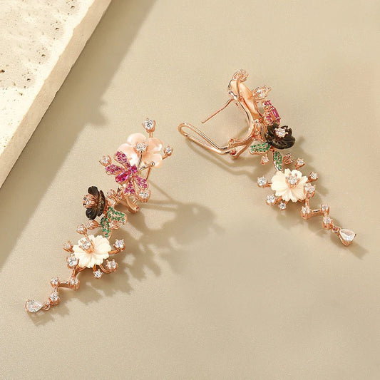 Black Pink Shell Flower White Zircon 925 Sterling Silver Earring