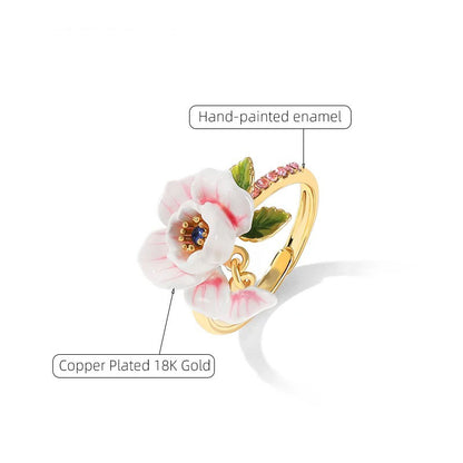 Rose Flower Enamel Ring 18K Gold Plated