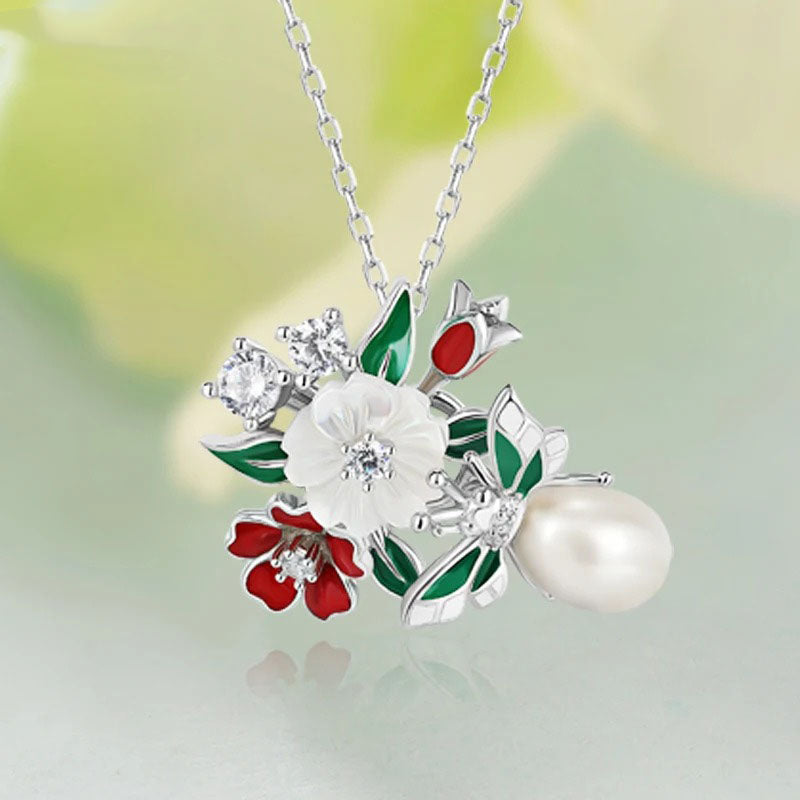 Natural Pearl Shell Flower Leaf Enamel Necklace