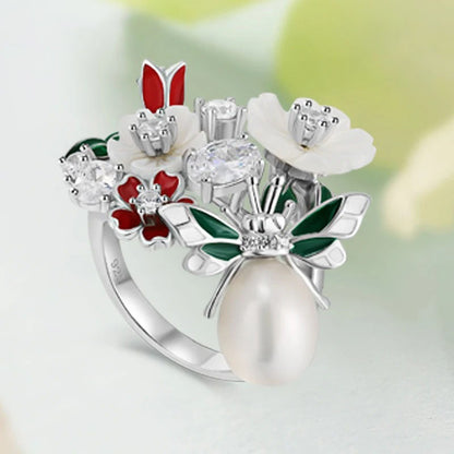 Shell Flower Leaf Enamel Ring