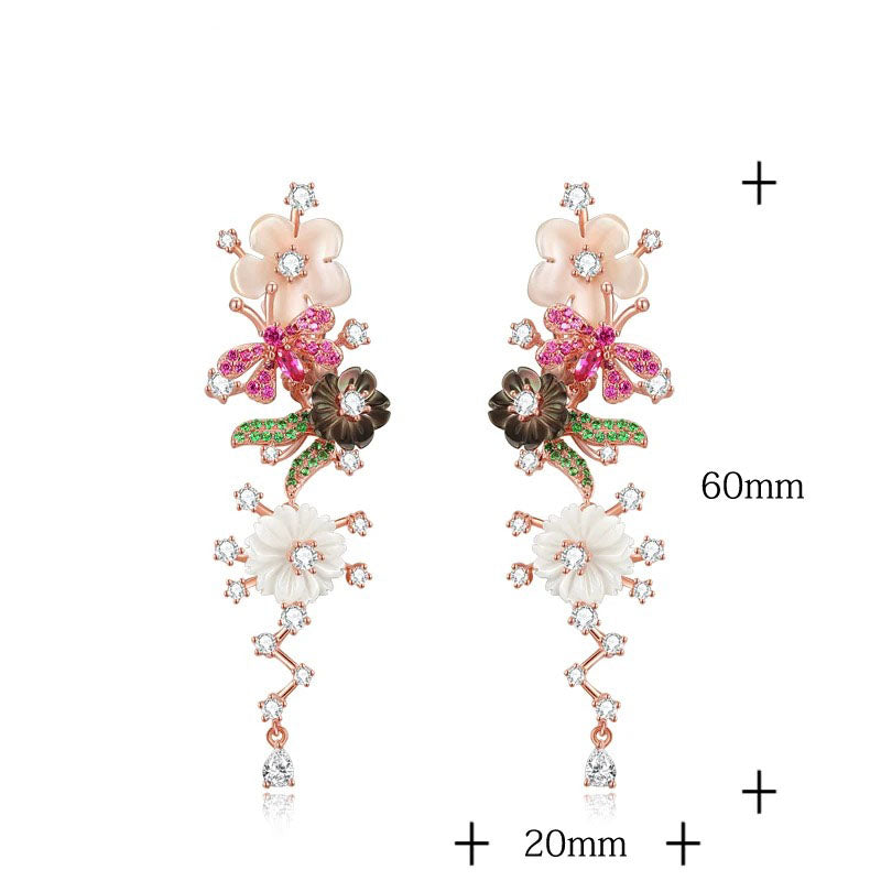 Black Pink Shell Flower White Zircon 925 Sterling Silver Earring