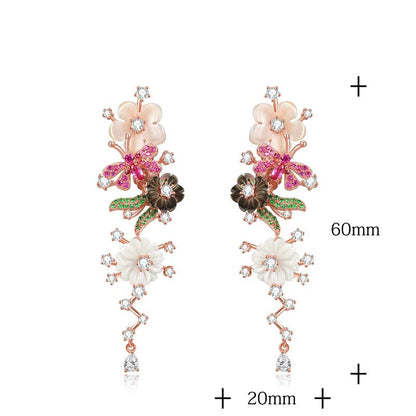 Black Pink Shell Flower White Zircon 925 Sterling Silver Earring